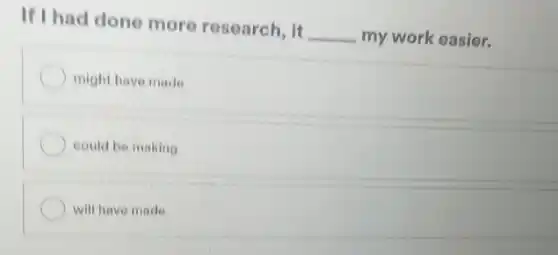 If I had done more research,it
__ my work easier.
might have made
could be making
will have made