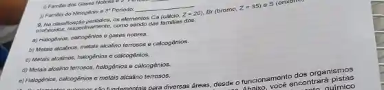 i) Familia dos Gases Nobres e
j) Familia do Nitrogênio e 30 Período: __
9. Na classificação os elementos Ca (cálcio, Z=20) Br (bromo, Z=35 )es
conhecidos,respectivamente, como sendo das familias dos:
a) Halogênios calcogênios e gases nobres.
b) Metais alcalinos metais alcalino terrosos e calcogênios.
c) Metais alcalinos halogênios e calcogênios.
d) Metais alcalino terrosos, halogênios e calcogênios.
e) Halogênios calcogênios e metais alcalino terrosos.
imian cán fundamentais para diversas áreas desde o funcionamentencentrate
Ahaixo vocé encontrará pistas
nin auímico