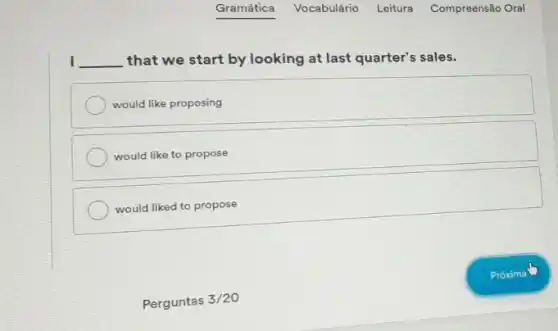 I I __ that we start by looking at last quarter's sales.
would like proposing
would like to propose
would liked to propose