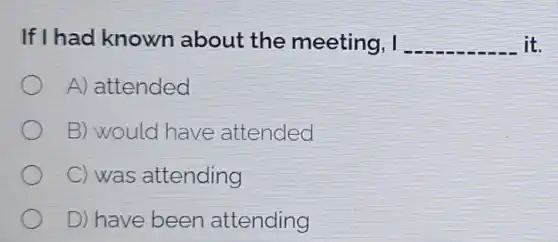 If I had known about the meeting, I __ it.
A) attended
B) would have attended
C) was attending
D) have been attending