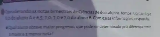 iderando as notas bimestrais de Ciências de dois alunos , temos:
3,5;5,0;6,5
aluno Ae 6.5:7,0:7,0 e7,odo aluno B . Com essas informações , responda:
obteve maior progresso , que pode ser determinado pela diferença entre
menor nota?