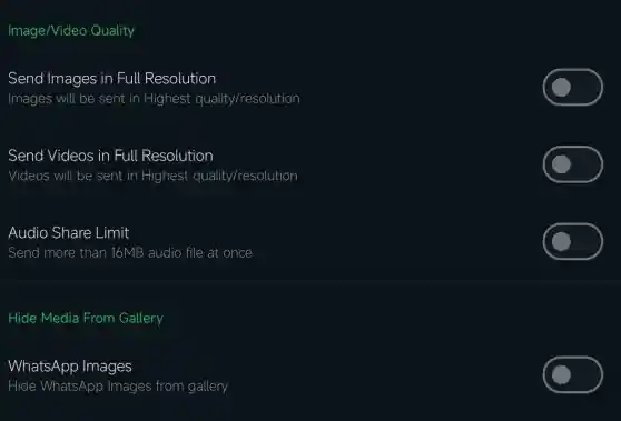 Image/Video Quality
Send Images in Full Resolution
Images will be sent in Highest quality/resolution
Send Videos in Full Resolution
Videos will be sent in Highest quality/resolution
Audio Share Limit
Send more than 16MB audio file at once
Hide Media From Gallery
WhatsApp Images
Hide WhatsApp Images from gallery