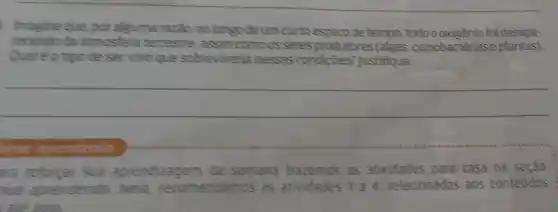 Imagineque poralguma razão ao longode umcurto espaço de tempo todoooxigenio foidesapa-
recendo da terrestre assim comoos seres produtores (algas dianobacteriase plantas)
tipodeser vivoque sobreviveria nessas condiçōes?Justifique.
__
ala sua aprendizagem da semana trazemos as atividades para casa na seção
pue aprendendo.Nela, recomendamos as atividades 1. a 4 relacionadas aos conteúdos
ate aour