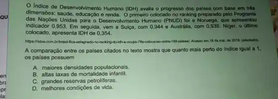 Indice de Desenvolviment Humano (IDH)avalia 0 progresso dos paises com base em três
dimensões:saúde , educação e renda . 0 primeiro colocado no ranking preparado pelo Programa
das Nações Unidas para o Desenvolvimento Humano (PNUD)foi a Noruega , que apresentou
indicador 0.953 . Em seguida . vem a Suíca com 0 .944 e Austrália com 0 , 939 . Niger, 0 último
colocado , apresenta IDH de 0,354 .
https://istoe .com .br/brasil-fica -estagnado-no-ranking -do-idh-e-ocupe a-79a -colocacao-entre -189-paises/. Acesso so em 16 de mai. de 2019 (adaptado).
A comparação entre os paises citados no texto mostra que quanto mais perto do indice igual a 1,
os paises possuem
A maiores densidades populacionais.
B. altas taxas de mortalidade infantil.
C grandes reservas petroliferas.
D melhores condições de vida.