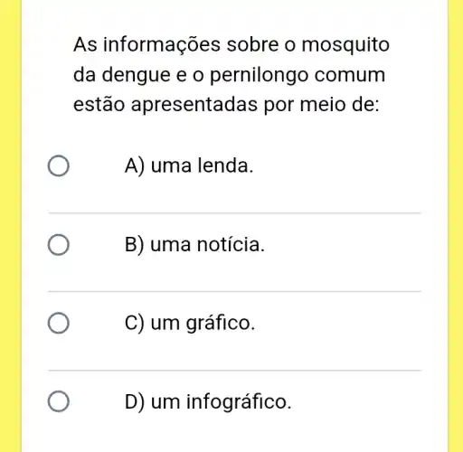 As informações sobre o mosquito
da dengue e o pernilongo comum
estão apresentadas por meio de:
A) uma lenda.
B) uma notícia.
C) um gráfico.
D) um infográfico.