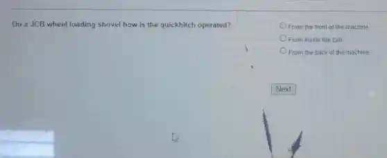 On a JCB wheel loading shovel how is the quickhitch operated?
From the front of the machine
From inside the cab
From the back of the machine