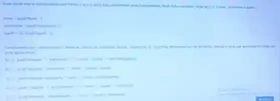 Jorge ainda esta se familiarizando com Pythone busca ajude para implomentar essa funcionalidade, tendo fetto o seguinte codigo para ler o nome, sobrenome e quarto
nome=mpotr(Nome)
sobrenome=mpt(Sobrenome)
quarto=int(mporremation)
Considerando que o programs laz a leitura de cadeas de caracteres (strings - sequinoes de caracter()allanumincos) ede um inteiro, marque a opção que apresenta um codigo que
pode ajudar Jorge
A) prophepple": systemanye.","ortion":One","s":"looking
B) protectionspoke","obtions":{"A":" Question" party
c) pentitigatisbeanan" "harme-"Quare" influences
D)
postcTingget": "structures one","orta"},"Choose":" students.
E)
prott"signal","students ","options":{"A":" strants