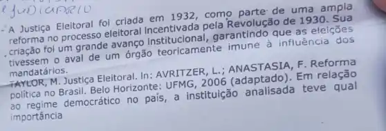 - A Justiça Eleitoral foi criada em 1932, como parte de uma ampla
reforma no processo eleitoral pela Revolução de 1930. Sua garantindo que as eleições
aval de um órgão teoricamente imune à influência dos
mandatários.
TAYLOR, M. Justica Eleitoral. In : AVRITZER Li ANASTASIA, F Reforma
política no Brasil. Belo Horizonte : UFMG, 2006 (adaptado). Em relação
democrático no pais, a instituição teve
importancia