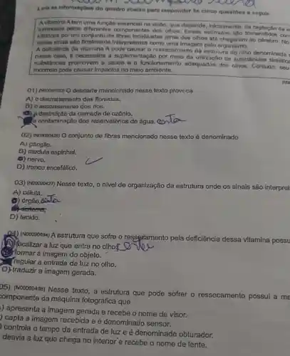 Lela as Informaç6es do quadro abalxo para responder as cinco questoes a segulr.
A vitamina A tem uma função essencial na visão, que depende iniclalmente, da do s
luminosos pelos diferentes componentes dos olhos. Esses estímulos são transmitidos corr
elétricos por um conjunto de fibras localizades atrós dos olhos até ao cérebro. No
esses sinals são finalmente Interpretados como uma imagem pelo organismo.
A deficiêncla da vitamina A pode causar o ressecamento da estrulura do olho denominada
nesse caso, é necessária a suplementação da utilização de substâncias sintétice
substâncias promovem a saude e o funcionamento adequados dos olhos. Contudo, seu
incorreto pode causar Impactos no melo amblente.
01) (Noooon553) 0 descarte mencionado nesse texto provoca
A) 0 das florestas.
B) o assoreamento dos rios.
(a) a destruição da camada de ozônio.
a contaminação dos reservatórios de água.
02) (N00090428) O conjunto de fibras mencionado nesse texto é denominado
A) gânglio.
B) medula espinhal.
(B) nervo.
D) tronco encefálico.
03) (N00030427) Nesse texto, o nivel de organização da estrutura onde os sinais são interpret
A) célula.
D) tecido.
04) (N00090494) A estrutura que sofre o ressegamento pela deficiência dessa vitamina possu
A) focalizar a luz que entra no olho.
(C) formar a imagem do objeto.
Yregular a entrada de luz no olho.
D)-traduzir a imagem gerada.
05) (N00090496) Nesse texto, a estrutura que pode sofrer o ressecamento possul a me
componente da máquina fotográfica que
) apresenta a imagem gerada e recebe o nome de visor.
) capta a imagem recebida e é denominado sensor.