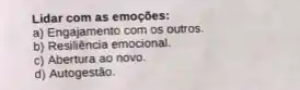 Lidar com as emoções:
a) Engajamento com os outros.
b) Resiliéncia emocional.
c) Abertura ao novo.
d) Autogestão.