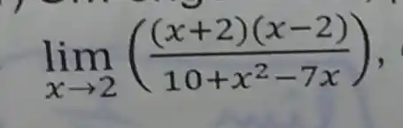 lim _(xarrow 2)(((x+2)(x-2))/(10+x^2)-7x)