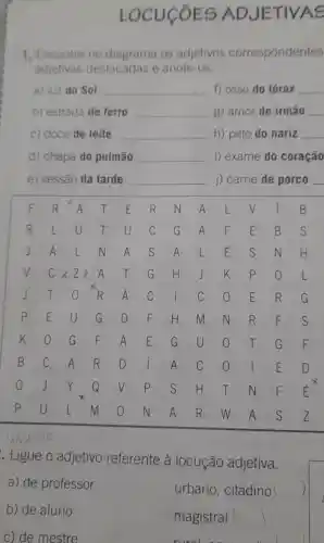 LOCUCÓES ADJETIVAS
1. Encontre no os adjetivos correspondentes
adjetivas destacadas e anote-os.
a) luz do Sol __ f) osso do tórax __
b) estrada de ferro __ g) amor de irmão __
c) doce de leite __ h) pelo do nariz __
d) chapa do pulmão __ i) exame do coração
e) sessão da tarde __ j) carne de porco __
F R A T E R N A L V	B
R L	T u C G A F E B s
J Á L N A S A L E s N H
V C I A T G H J k p	L
J T	R Á C I C	E R G
p E u G D F H m N R F s
K	G F Á E G u	T G F
B C A R D	A C 0 I E D
G J Y Q V p S H T N F E x
p u L m	N A R W A s Z
avioue
. Ligue o adjetivo referente à locução adjetiva.
a) de professor
urbano, citadino ()
b) de aluno