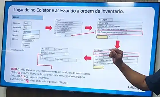 Logando no Coletor e acessando a ordem de Inventario.
EM01-017-05: Area de armazenamento de produtos de embalagens.
EM01-01-017-05: Numero da rua onde esta armazenado o produto
EM01-01-017-05: Coluna ou prédio
EM01-017-05: Nivel onde esta o produto (Altura)