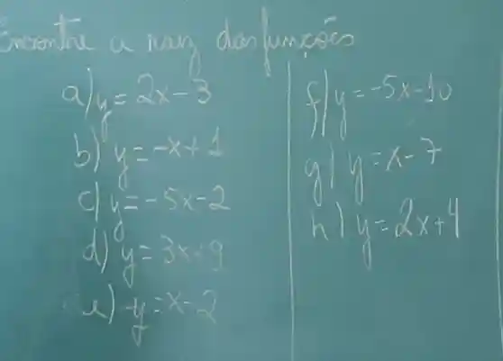 MCR	a have dan coe
y=alpha x-3 y=-5x-50 c
y=-x+1
y=x-7
c
y=-5x-2
y=ax+4
y=3x+9
a)
y=x-2