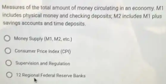 Measures of the total amount of money circulating in an economy. M1
includes physical money and checking deposits; M2 includes M1 plus
savings accounts and time deposits.
Money Supply (M1, M2 etc.)
Consumer Price Index (CP)
Supervision and Regulation
12 Regional Federal Reserve Banks