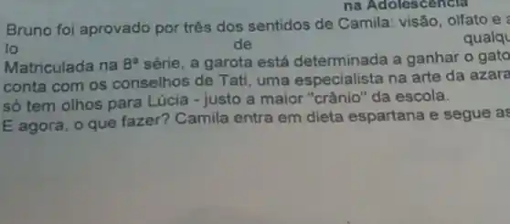 na Adolescencia
Bruno foi aprovado por três dos sentidos de Camila: visão, olfato e
lo	de
qualq
Matriculada na 8^a série, a garota está determinada a ganhar o gato
conta com os conselhos de Tati, uma especialista na arte da azara
só tem olhos para Lúcia - justo a maior "crânio" da escola.
E agora, o que fazer? Camila entra em dieta espartana e segue as