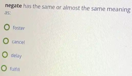 negate has the same or almost the same meaning
as:
foster
cancel
delay
fulfill