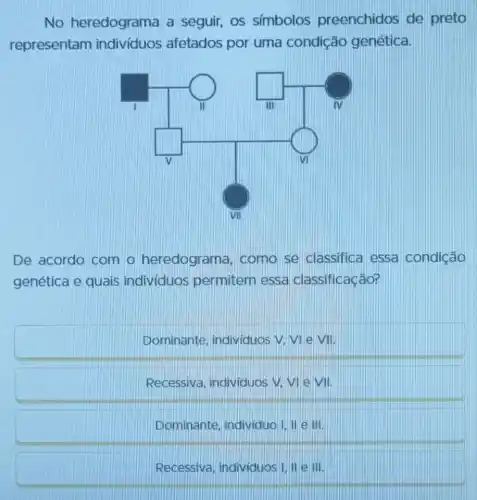 No heredograma a seguir, os simbolos preenchidos de preto
representam indivíduos afetados por uma condição genética.
square 
III
De acordo com - heredograma como se classifica essa condição
genética e quais individuos permitem essa classificação?
Dominante individuos V, VI e Vii.
Recessiva individuos V, VI e vii
Dominante individuo I, III ell!
Recessiva individuos I, III elli.