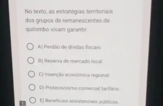 No texto, as estratégias territoriais
dos grupos de remanescentes de
quilombo visam garantir:
A) Perdão de dividas fiscais.
B) Reserva de mercado local
C) Inserção econômica regional
D) Protecionismo comercial tarifário.
E) Beneficios assistenciais públicos.