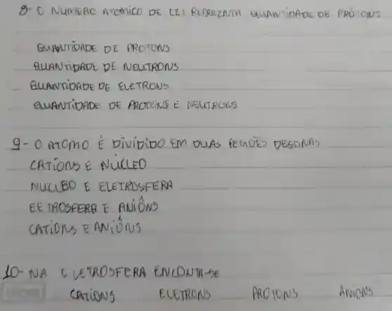 NumeRC ATCMICO DE (2) REPREZNTA A QUAWTIDADE DE PROTONS
QUANTIDADE DE PROTONS
QUANTIDADE DE NEUTRONS
QUANTIOADE OE ELETRONS
QUANTIDADE DE PROTONS t
ATOMO E Divioioo
NUCLED
BO E ELET ELETROSFERN
TROSFERR E f NI ONS