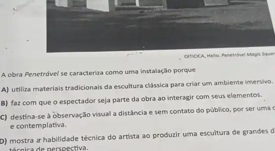 A obra Penetrável se caracteriza como uma instalação porque
A) utiliza materiais tradicionais da escultura clássica para criar um ambiente imersivo.
B) faz com que o espectador seja parte da obra ao interagir com seus elementos.
C) destina-se à observação visual a distância e sem contato do público por ser uma c
e contemplativa.
D) mostra a habilidade técnica do artista ao produzir uma escultura de grandes d'
técnica de perspectiva.