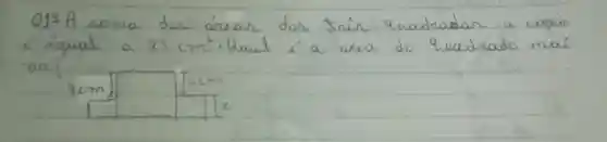 Oj: A soma das áreas dos tins quadradas a seguir i' igual a 83 mathrm(~cm)^2 . Qual i' a area do quadrado mai -0 pi ?