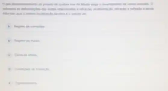 Opre dimensionamento do projeto de quebra mar de talude exige elevantamento de varios estudos. 0
referente as deformacbes das ondas relacionadas a refração, arrebentação difracio e reflexio e ainda
informar qual a melhor localização da obra e o estudo de
A Regime de correntes
B Regime de marés
C Clima de ondas
D Condicbes de fundaçac
E Topobatimetria