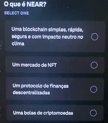 Oque éN BAR?
SELECT ONE
Uma blockchain simples , rápida,
segura e com impacto neutro no
clima
Um mercado de NFT
Um protocolo de finanças
descentralizadas
Uma bolsa de criptomoedas