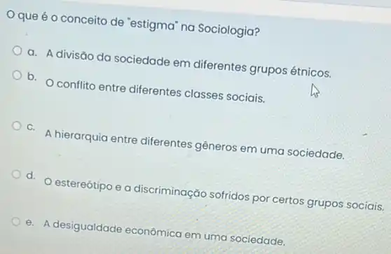 Oque éo conceito de "estigma" na Sociologia?
a. A divisão da sociedade em diferentes grupos étnicos.
b.
conflito entre diferentes classes sociais.
C.
A hierarquia entre diferentes gêneros em uma sociedade.
d. O estereótipo e a discriminação sofridos por certos grupos sociais.
e. A desigualdade econômica em uma sociedade.