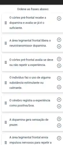 Ordene as frases abaixo:
0 córtex pré-frontal recebe a
dopamina e avalia se já é 0
suficiente.
A área tegmental frontal libera o
neurotransmissor dopamina.
A
cortex pré-frontal avalia se deve
ou não repetir a experiência.
indivíduo faz o uso de alguma
substância estimulante ou
calmante.
A
0 cérebro registra , a experiência
como positiva /boa.
A dopamina gera sensação de
prazer.
A área tegmental frontal envia
ss impulsos nervosos para repetir a