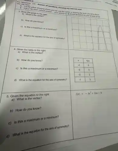 orsion 2
You can earn:
You can earn: 3-5: Answer all questions, showing any relevant work.
you can see the vertex or showing the work you did to find it
your answer for d should be based on your answer for a)
3. a) enthe graph to the right
a) What is the vertex?
b) How do you know?
c) Is this a maximum or a minimum?
d) What is the equation for the axis of symmetry?
4. Given the table to the right
a) What is the vertex?
b) How do you know?
c) Is this a maximum or a minimum?
d) What is the equation for the axis of symmetry?
5. Given the equation to the right
a) What is the vertex?
b) How do you know?
c)Is this a maximum or a minimum?
d) What is the equation for the axis of symmetry?
f(x)=-3x^2+12x-8