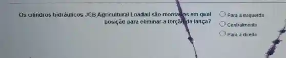 Os cilindros hidráulicos JCB Agricultural Loadall são montados em qual
posição para eliminar a torção da lança?
Para d esquerda
Centralmente
Para a direita