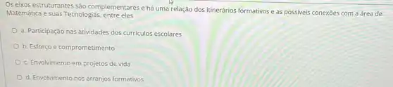 Os eixos estruturantes são complementares e há uma relação dos itinerários formativos e as possiveis conexōes com a área de
Matemática e suas Tecnologias, entre eles
a. Participação nas atividades dos currículos escolares
b. Esforço e comprometimento
c. Envolvimento em projetos de vida
d. Envolvimento nos arranjos formativos