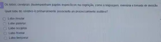 Os lobos cerebrais desempenham papéis especificos na cognição, como a linguagem, memória e tomada de decisão.
Qual lobo do cérebro é primariamente associado ao processamento auditivo?
Lobo insular
Lobo parietal
Lobo occipital
Lobo frontal
Lobo temporal