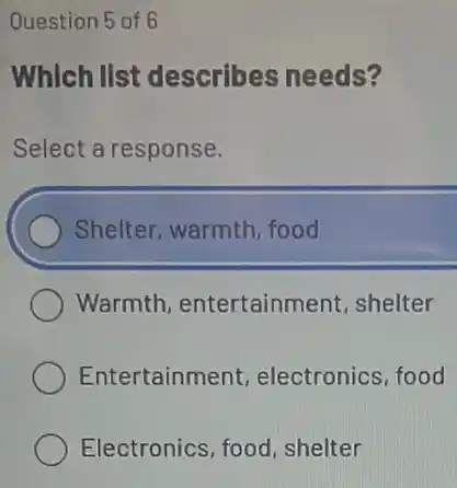 Ouestion 5 of 6
Which list describes needs?
Select a response.
Shelter, warmth, food
Warmth , entertainment, shelter
Entertainment electronics, food
Electronics, food , shelter