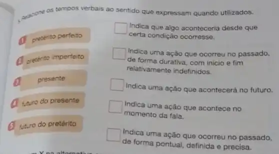 palacione os tempos verbais ao sentido que expressam quando utilizados.
pretérito perfeito
pretérito imperfeito
presente
futuro do presente
5 futuro do pretérito
square  Indica que algo aconteceria desde que
certa condição ocorresse.
square 
de forma durativa, com inicio e fim
Indica uma ação que ocorreu no passado,
relativamente indefinidos.
square 
Indica uma ação que acontecerá no futuro.
square 
momento da fala.
Indica uma ação que acontece no
square 
de forma pontual, definida e precisa.
Indica uma ação que ocorreu no passado,