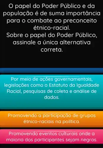 papel do Poder Público e da
populaç?jo é de suma importancia
para o combate e ao preconceito
étnico -racial.
Sobre o papel do Poder Público.
assinale a única alternativa
correta.
Por meio de acoes governamentais,
legislações como o Estatuto da Igualdade
Racial pesquisas de coleta e análise de
dados.
Promovendo a rticipação de grupos
étnico-raciais na política.
Promovendo eventos culturais onde a
maioria dos participantes sejam negros.