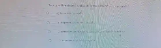 Para qual finalidade o grafic de linhas costuma ser empregado?
A) Fazer comparagoes
B) Representar partes do todo
C) Entender tendenci as ou mudangas ao longo do tempo
D) Apresentar muitas dategorias