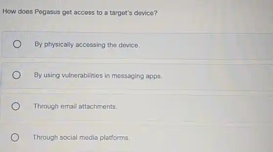 How does Pegasus get access to a target's device?
By physically accessing the device.
By using vulnerabilities in messaging apps.
Through email attachments.
Through social media platforms.