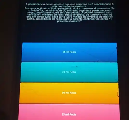 A permanéncia de um gerente cm umo empress estó condicionada d
Essa producão é gyaliado pela media do lucro mensal do semestre. So
no
caso controrio, cle sero pedlao qugdro mostro olucic
mensal	reals, desso
curse
Junho, em milhares
deve	minimo
para	no
21 mil Reals
25 mil Reals
30 mil Reals
55 mil Reais