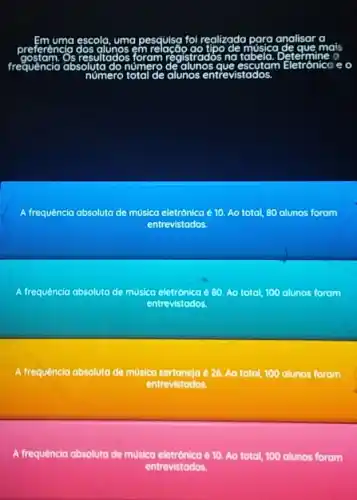 preferencia	em	mais
escola, uma pesqulsa foi realizada para analisar a
reaistrados na tabela.Detel termine
frequência absoluto número alunos que escutam Eletrônico e
número	alunos entr
A frequência absoluto de música eletrónica acute (e)10. Ao total, 80 alunos foram
entrevistados
A frequência absoluta de musica eletrénica 60 Ao total, 100 alunos forom
entrevistodos
A frequência absoluta de musica sertaneja 426, Ao total, 100 alunos forom
entrevistados
A frequência absoluto de musica eletrênica é 10. Ao total, 100 alunos forom
entrevistodos