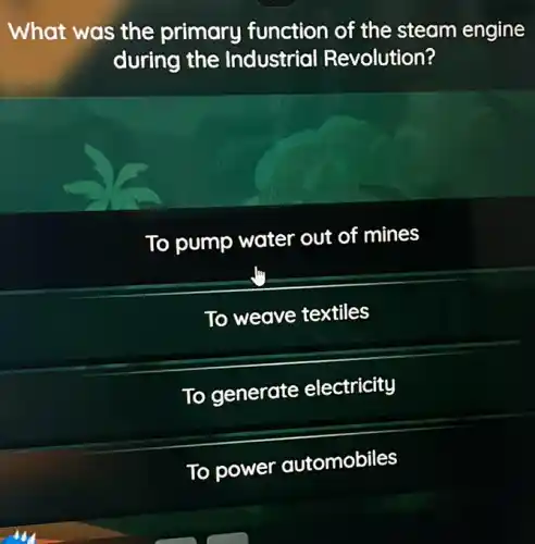 What was the primary function of the steam engine
during the Industrial Revolution?
To pump water out of mines
To weave textiles
To generate electricity
To power automobiles