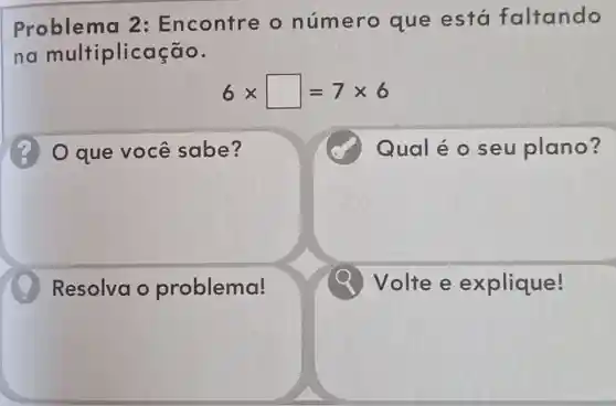 Problema 2: Encontre o número que está faltando
na multiplic acão.
6times square =7times 6
que você sabe?
Qual é o seu plano?
Resolva o problema!
Volte e explique!