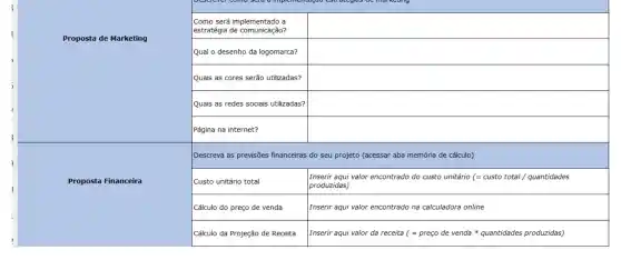 Proposta de Marketing
Proposta Financeira
square 
square 
square 
square 
square 
Descreva as previsões financeiras do seu projeto (acessar aba memória de cálculo)