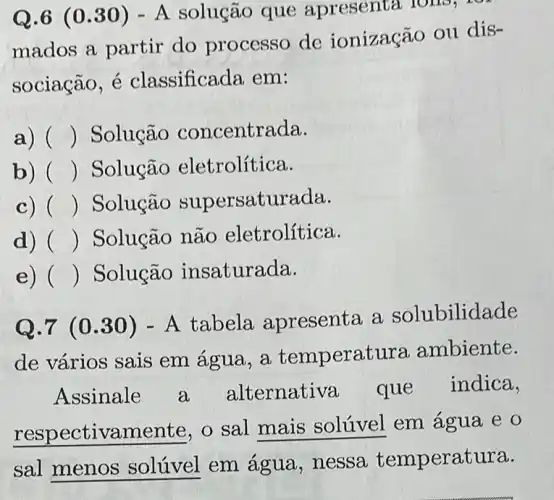 Q.6 (0.30) -A solução que apresenta ions . 10
mados a partir do processo de ionização ou dis-
sociação, é classificada em:
a) () Solução concentrada.
b) () Solução eletrolítica.
c) () Solução supersaturada.
d) () Solução não eletrolítica.
e) () Solução insaturada.
Q.7 (0 .30) - A tabela apresenta a solubilidade
de vários sais em água, a temperat ura ambiente.
Assinale a alternativa que indica,
respectivamente . o sal mais solúvel em agua e 0
sal menos solúvel em água, nessa temperatura.