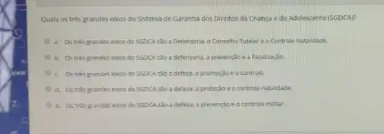 Quais os três grandes eixos do Sistema de Garantia dos Direitos da Grianca e do Adolescente (SGDCA)?
a. Os três grandes eixos do SGDCA são a Defensoria, o Conselho Tutelar e o Controle Natalidade.
b. Os três grandes eixos do SGDCA são a defensoria, a prevenção e a fiscalização.
c. Os três grandes eixos do SGDCA são a defesa, a promoção e o controle.
d. Ostrês grandes eixos do SGDCA são a defesa, a proteção e o controle natalidade.
e. Os três grandes eixos do SGDCA são a defesa, a prevenção e o controle militar.