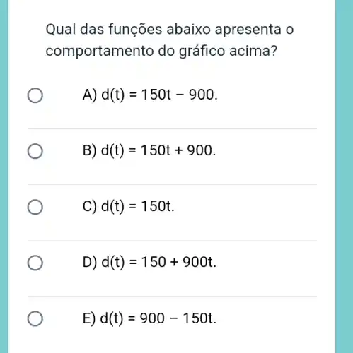 Qual das funções abaixo apresenta o
comportamento do gráfico acima?
A d(t)=150t-900
B) d(t)=150t+900
C) d(t)=150t
D) d(t)=150+900t
E d(t)=900-150t