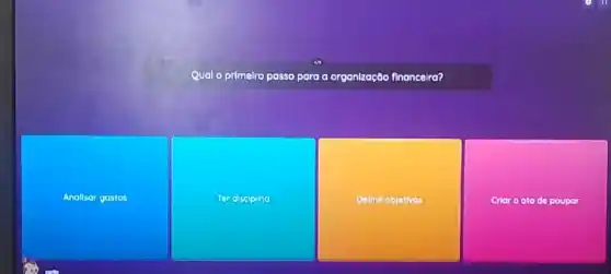 Qual o primelro passo para ao organização financeira?
Analisar gastos
Ter disciplino
Definir objetivos
Criarooto de poupar