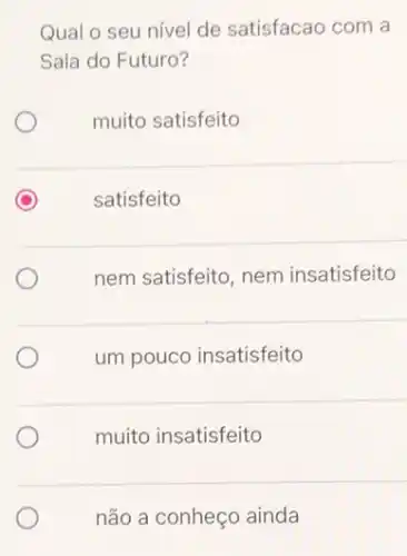 Qual o seu nivel de satisfacao com a
Sala do Futuro?
muito satisfeito
C satisfeito
nem satisfeito, nem insatisfeito
um pouco insatisfeito
muito insatisfeito
não a conheço ainda