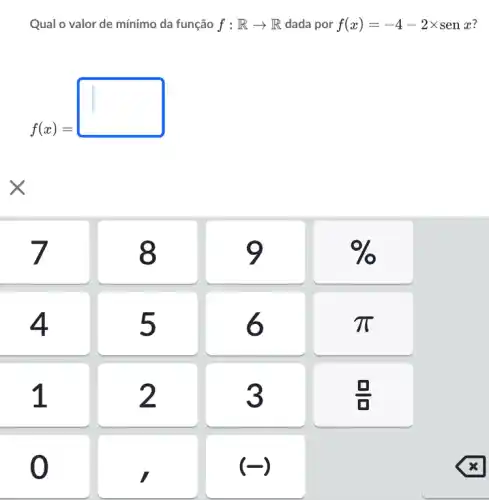 Qual o valor de mínimo da função f:Rarrow R dada por f(x)=-4-2times senx
f(x)=